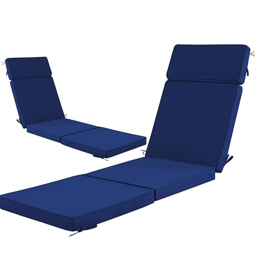 Honorbox 72 x 21 Inch Outdoor Chaise Lounge Cushions Set of 2 - Removable Cover 4-Section Design Water-Repellent & Fade-Resistant 6 Tie Straps Replacement for Patio & Pool Chairs - Navy