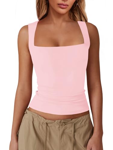 Imily Bela Womens Square Neck Tank Tops Casual Sleeveless Slim Fit Going Out Y2K Summer Cropped Shirts Light Pink