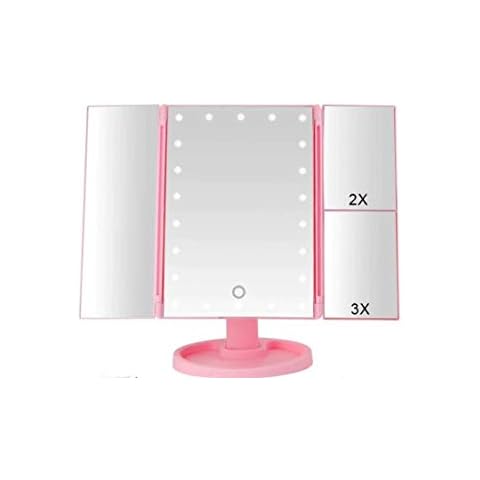 DEALBOX - PINK 22 LED LIGHT UP MIRROR MAKE UP MIRROR WITH 2X 3X MAGNIFICATION, TRI-FOLD, TOUCH SCREEN, DRESSING TABLE, 3 WAY FOLDING DESIGN WITH LED LIGHT, USB CABLE Cover