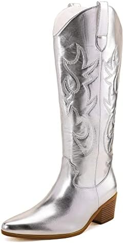 STALOV Metallic Cowboy Boots for Women, Western Embroidery Cowgirl Boots, Pointed Toe Pull-on Knee High Boots