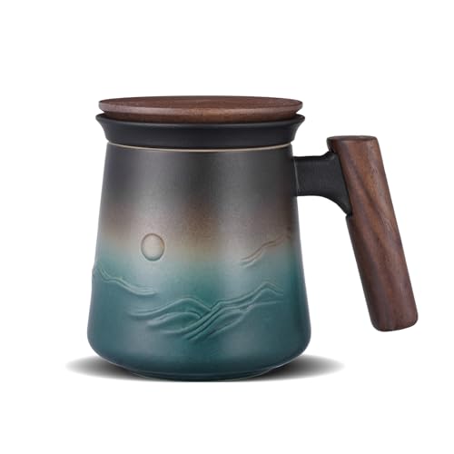 ZENS Teetasse mit Deckel und Sieb, 430ml Holzgriff Groß Teebecher mit Teesieb und Holz Deckel für Losen Tee, Keramik Teetassen Geschenk für Teeliebhaber, Schwarz und Grün
