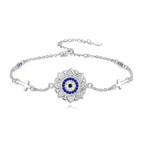 Bracelet croix argent 925 femme œil nazar protecteur ajustable