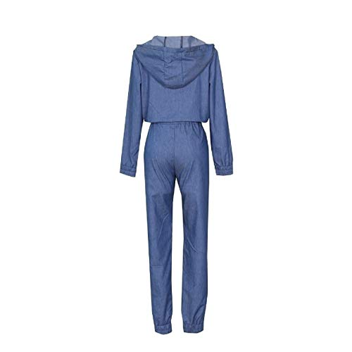 Doufine Macacão feminino solto casual com capuz jeans com cordão solto, Jeans azul, XS