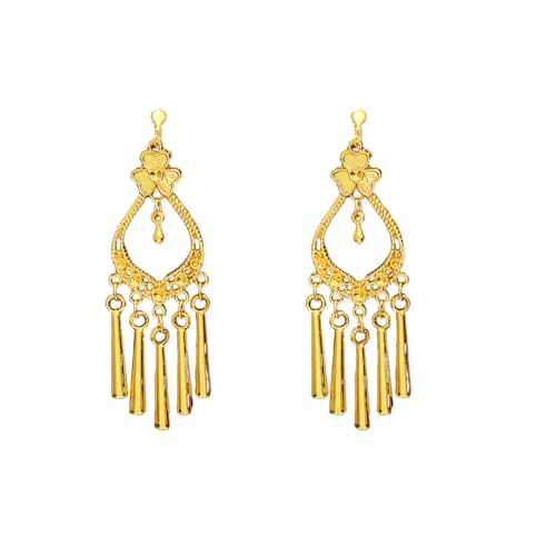 Aretes étnicos dorados con clip y borlas largas miniatura 1