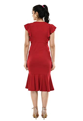 Image of Women's Calf Length Solid Red Dress
