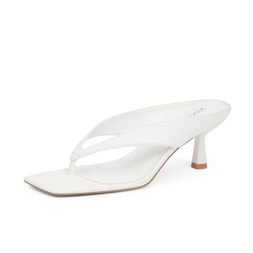 VIUGJNEX Women’s Kitten Heels Flip Flops Slip On Open Toe Low Heels Thong Square Slide Summer Fashion Party Heeled Dressy Sandals for Women 8 White