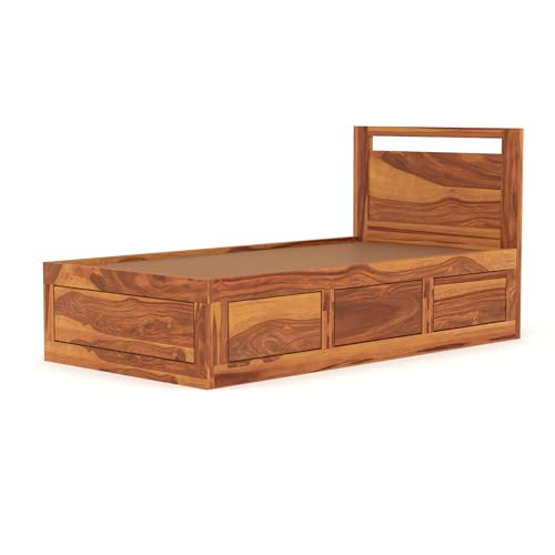 Image of Solid Sheesham Wooden Bed 6X4 Single Bed with Box Storage for Bedroom - Single Cot Wooden BedSingle Size for Living Room Guest Room - 12 Month Warranty (Henry Honey, 6X4 Box)