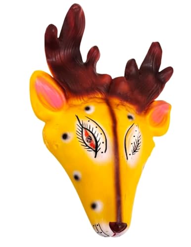 Image of BookMyCostume Swarn Mrig (Deer) Rubber Mask - Yellow & Brown Hand-Painted Folk Mask with Antlers | Ramayana Character for Festivals, Plays & Decor