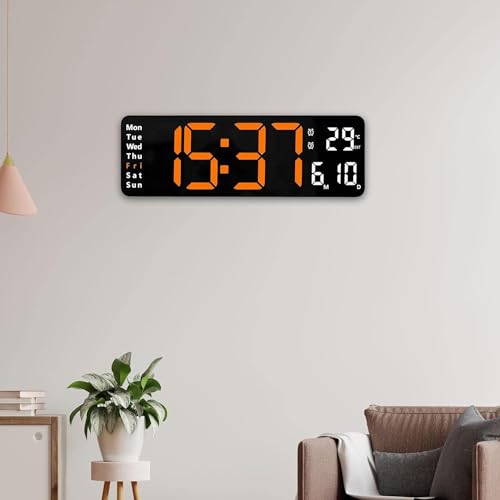 Image of Niyam Plastic Digital USB Wall Clock With 13 Inch Large Display Multifunctional Alarm Clock With Remote Control For Living Room Home & Office (Orange Digit - 32 X 10.5 X 2.7 Cm - Black)