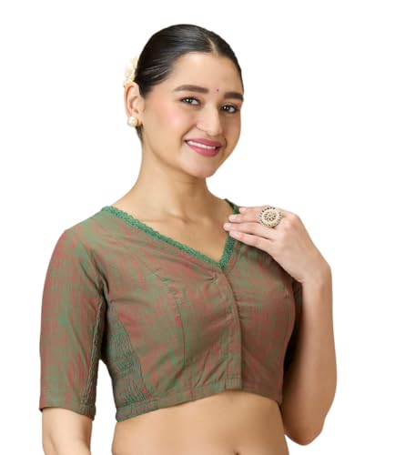 Image of Studio Shringaar Women's Handloom Cotton Side Stretchable (Smocked) Readymade Saree Blouse with Crochet Neckline