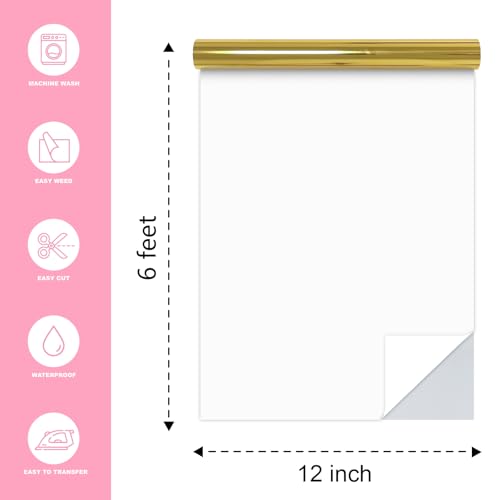 Image of Gold Heat Transfer Vinyl Roll, 12 inch x6Ft Mirror Metallic Iron on Vinyl, Soft Metallic Foil HTV for T-Shirt, Chrome HTV Easy to Cut & Weed for Heat Vinyl Design