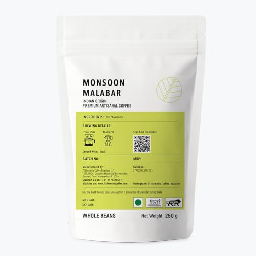 Image of 7 Elements Coffee Roasters Monsoon Malabar Ground Coffee - 250 g (Pack of 1) | Light Roast (Pour-over Grind) | 100% Arabica Freshly Roasted Coffee Grounds | AA Grade | Rich Flavorful Coffee