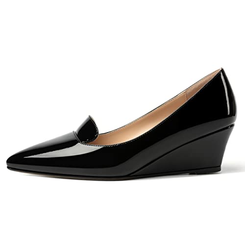 ROSERWISH Womens Patent Comfortable Casual Slip On Office Pointed Toe Wedge Low Heel Pumps Dress Shoes 2 Inch2