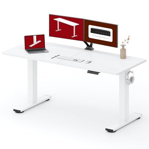 Image of SANODESK Height Adjustable Electric Standing Desk 63x24 Inches, Sit Stand Desk with Splice Board for Home Office, Ergonomic Computer Workstation, Study & Gaming, White Frame /White Top
