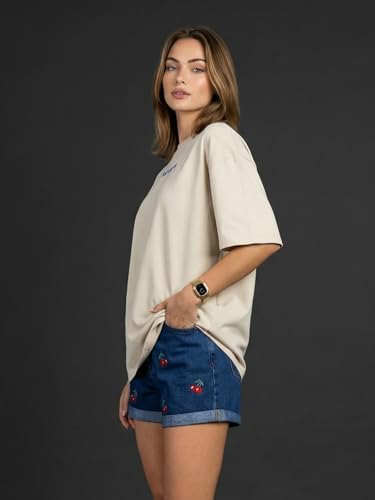 Image of JUNEBERRY Women's Pure Cotton Drop Shoulder Printed T-Shirt | Oversized Baggy Fit Half Sleeve Round Neck Graphic Tee (S-XXL)