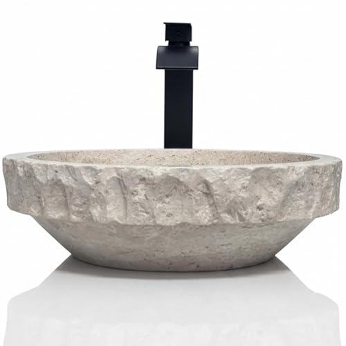 Shades of Nature Round Travertine Vessel Sink, Natural Stone Wash Basin, Hand-Carved Bathroom Sink...