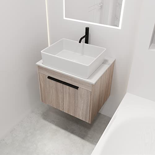 Ssline 24" Bathroom Vanity With Rectangle Sink Wall Mount Small Bathroom Vanity Cabinet With Marble Top&Above Counter Ceramic Vessel Sink White Oak Wooden Bathroom Vanity Basin Combo For Small Space #TOP2