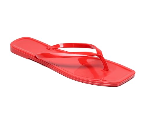 Image of Womens Flip Flops Thong Sandals Jelly Shoes Flat for Ladies Slides Red Slippers Size 6 Slip On Square Toe Summer Beach Dressy