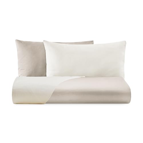 Parure Copripiumino Matrimoniale Doubleface – 4 Federe – Sabbia/Avorio – 100% Percalle di Cotone – Made in Italy – Modello Boston