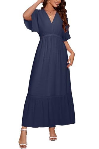 STYLEWORD Maxi Dress for Women 2026 Summer Casual Short Flutter Sleeve V Neck Maternity Baby Shower Photoshoot Long Dresses(Navy,S)