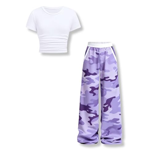 Image of Girls Clothes 2 Piece Short Sleeve T-Shirt Tops & Camo Pants Spring Summer Casual Outfits for Teen Tween Girl 7-14Y