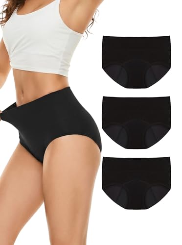 LOFIR Bragas Menstruales Mujer Algodon: Braga Menstruacion Talle Alto para Niña Flujo Abundante Ropa Interior Lavable Regla Colegio Trabajo Casa y Viaje Pack de 3 Negro XL