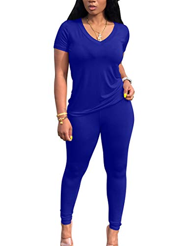 BORIFLORS Women s Causal 2 Piece Outfits Jumpsuits V Neck Basic Tops T Shirt with Sexy Pants Set,Medium,Royal Blue
