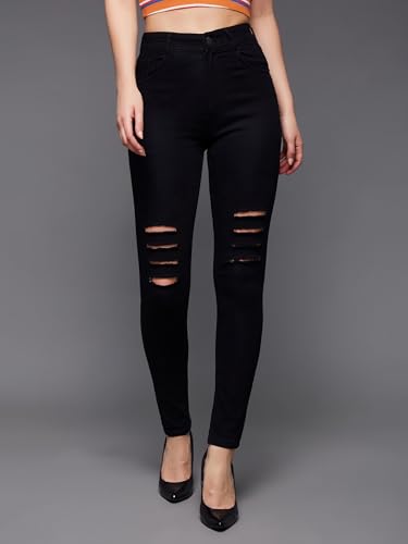 Image of Miss Chase Women's Skinny High Rise Cropped Length Fringe Detailing Stretchable Denim Jeans