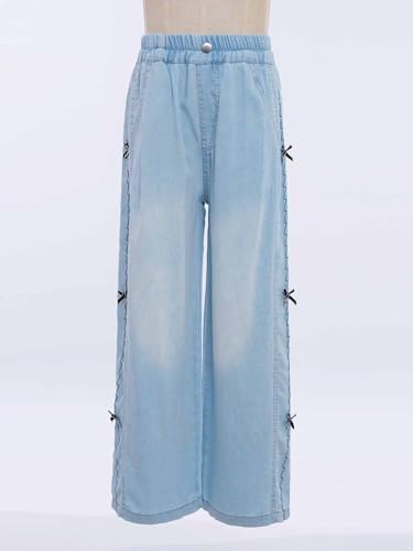FEESHOW Kids Girls High Waist Washed Blue Straight Jeans Wide-Leg Denim Pants Casual Baggy Trousers with Pockets3