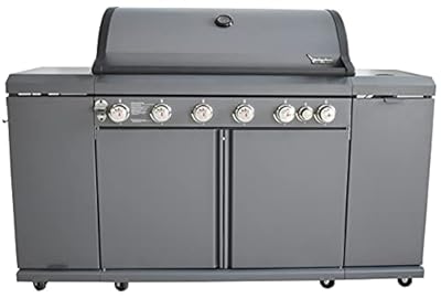 Brand-Man 6-Burner Gas Grill Outdoor Kitchen Island, 72000 BTU Cabinet Style Propane Barbecue Grill for Patio Backyard Cooking with Fold-out Prep Table, Gray