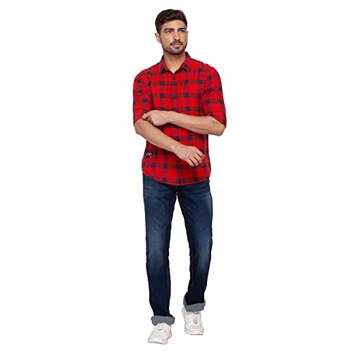 Image of Spykar Men's Regular Fit Raised Collar Full Sleeve Checked Casual Shirts