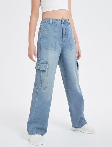 EXARUS Girls Jeans Cargo Baggy Wide Leg Teen Denim Pants High Elastic Waistband Straight with Pockets Youth Casual 8-14Y4
