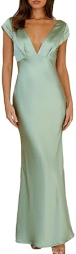 Halfisland Womens Summer Satin V Neck Cap Sleeve Backless Maxi Dress Elegant Twist Cut Out Midi Dresses Wedding Guest Sage