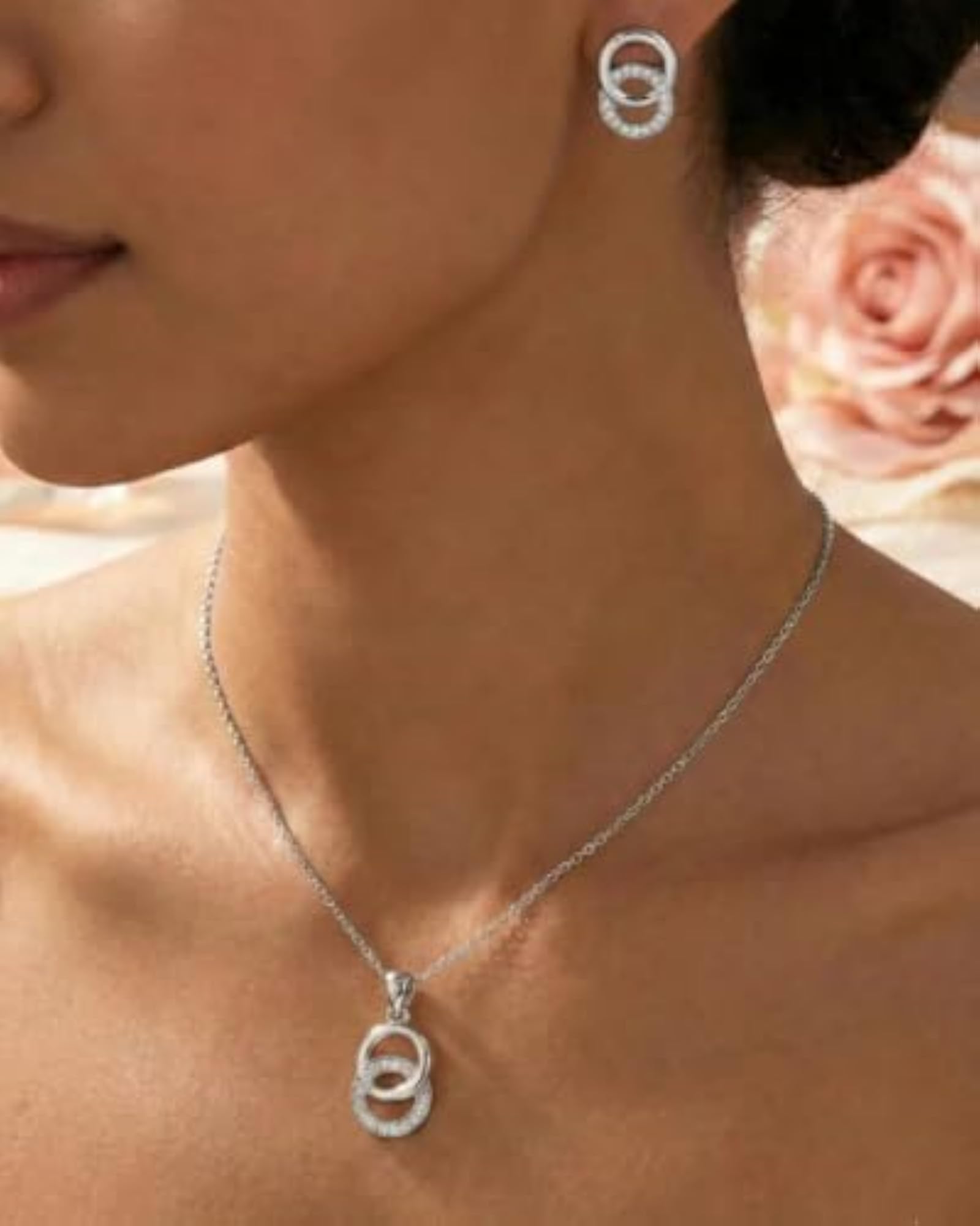 Women's 925 Interlocking Eternal Circles Necklace & Stud Earrings Set