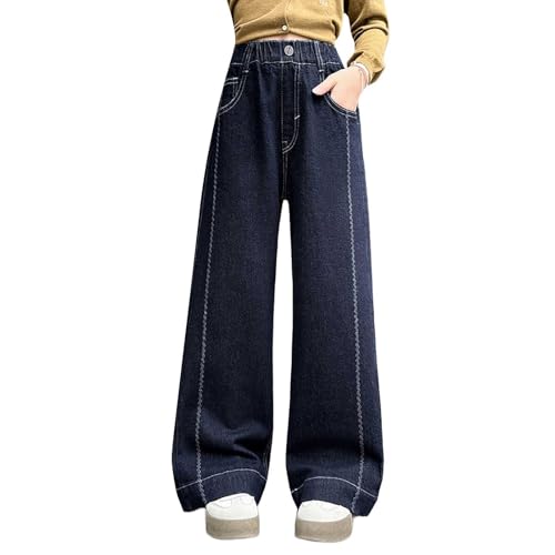 Girls Jeans Elastic Waist Straight Leg Denim Pants Teens Kids Casual Loose Trousers with Pockets
