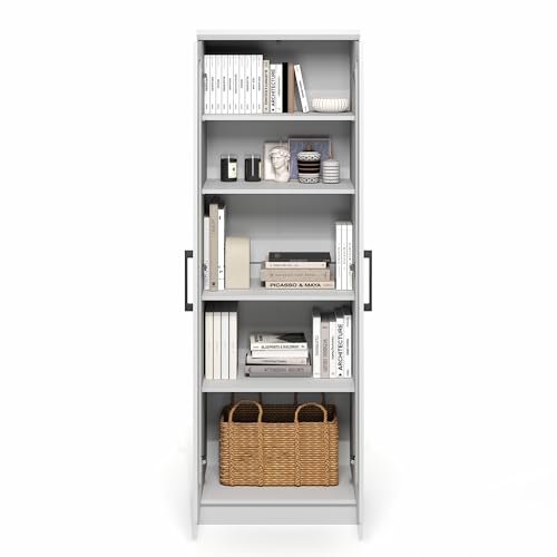 Image of Furinno Robin Storage Cabinet, 5-Tier Pantry Cabinet with Adjustable Shelves, 23W with 2 Shaker-Doors, Kitchen Cabinet, Organization and Storage, for Pantry, Living Room, Home Office, White