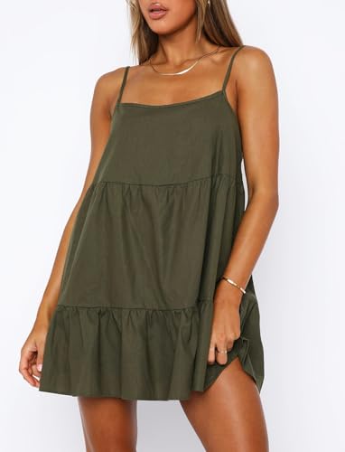 Image of OZICERD Flowy Short Sundress Mini Babydoll Dresses for Women Going Out Tiered Ruffle Beach Spaghetti Strap Swing Dress Cute