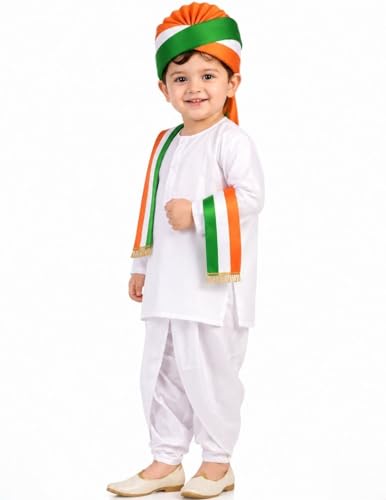Image of BookMyCostume Tricolor Turban and Stole with Dhoti Kurta Indian Patriotic Independence Day Kids Fancy Dress Costume 5-6 years