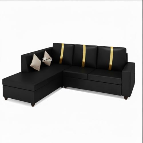 Image of FURNY Nathanoy 4 Seater Leatherette LHS L Shape Sofa Set (Black) Premium Finish | Ideal for Living Rooms