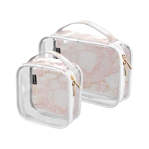Paquete de 2 neceseres decorativos transparentes grandes aprobados por la TSA, color oro rosa, textura de mármol de lujo, reutilizable, pequeña, bolsa de cosméticos de viaje, maquillaje esencial
