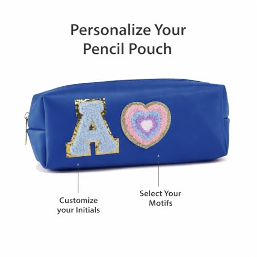 Image of AICA Gifts Personalized Leather Pencil Pouch (RoyalBlue) with Embroidered Alphabet & Patch | Pencil Pouch for Kids | Birthday Gift | Birthday Return Gift |Gift for Kids Age 6-10