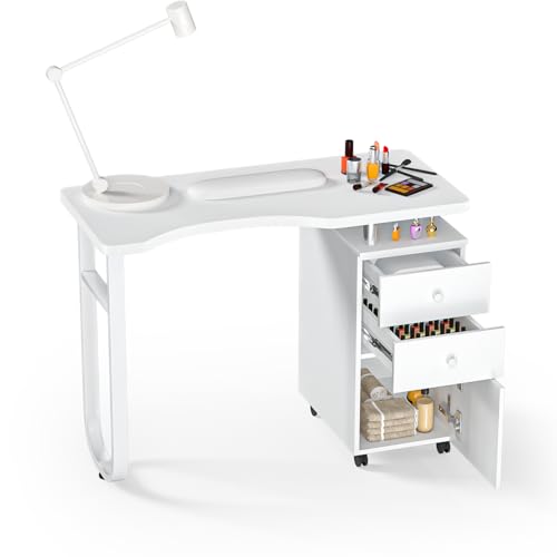 Charmmade White Nail Desk,Manicure Table,Beauty Salon Nail Desk, Acetone Resistant Nail Station with Wrist Cushion, Storage Drawers, and Cabinets, 4 Lockable Wheels,for Beauty, Salon, Spa Makeup