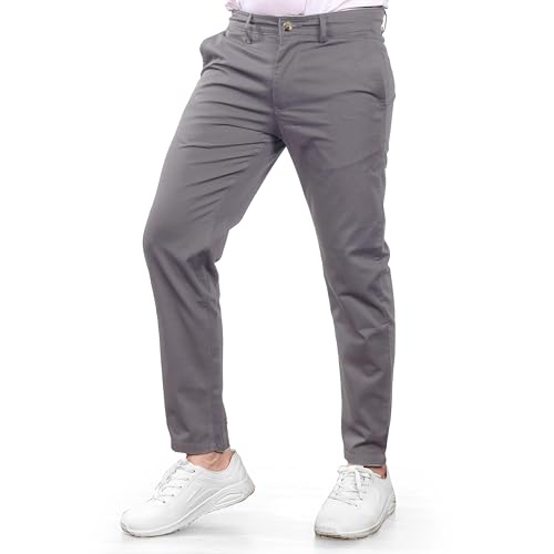 YANEK Mens Slim Fit Grey Chino Trousers Lightweight Cotton Blend Formal and Casual Wear Bottoms Pants for men with Zip Fly Button Closure Belt Loops Side & Back Pockets Perfect for Everyday Wear