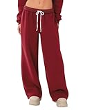 HeSaYep Women's Fleece Lined Sweatpants Wide Leg Baggy High Waisted Sweat Pants Drawstring Lounge Trousers Y2K Straight Leg Sherpa Pants Red M