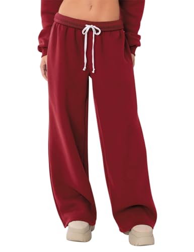 HeSaYep Womens Fleece Lined Sweatpants Wide Leg Baggy High Waisted Sweat Pants Drawstring Lounge Trousers Y2K Straight Leg Sherpa Pants Red M