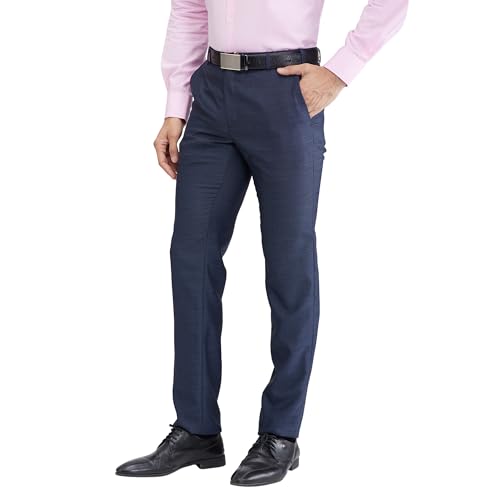 Image of Raymond Men's Slim Fit Formal Trousers, Poly Viscose Blend, Structure Pattern, Flat Front | Dark Blue