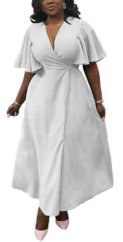Image of Summer Dresses for Women Semi-Formal Fit Casual Short Ruffle Sleeve V Neck Elegant Swing Split Long Maxi Dresses