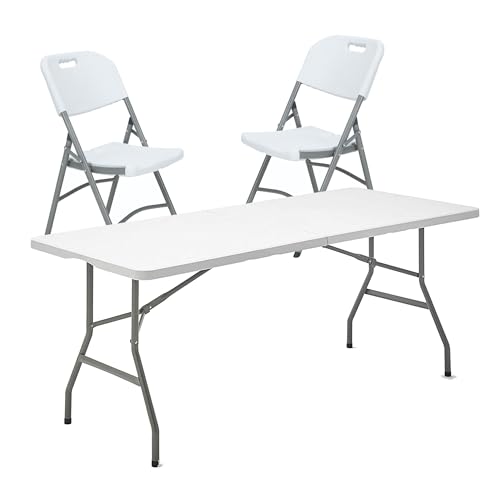 Mesa rectangular plegable Multifuncional 183x76x74cm, y Set de 2 Sillas plegables 51x45x85,5cm, ideal para exteriores