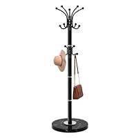Waavryee Modern Metal Coat Rack Stand, Coat Rack Freestanding with Natural Marble Base, 360°Rotary Design Sturdy Coat Racks with 16 Hooks, White Coat Hall Tree Stand for Entryway (Black)