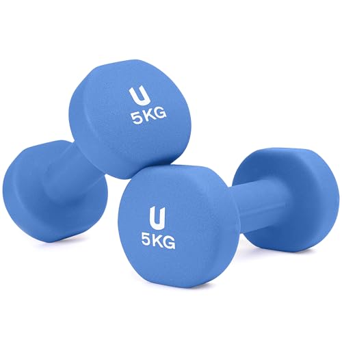 unycos - Par de Mancuernas Antideslizantes de Neopreno, Pesas【5 kg】Ergonómicas con Diseño Redondo y Anti-Rodadura, Resistentes, Ideales para Entrenamiento de Fuerza y Gimnasio en Casa (Azul)